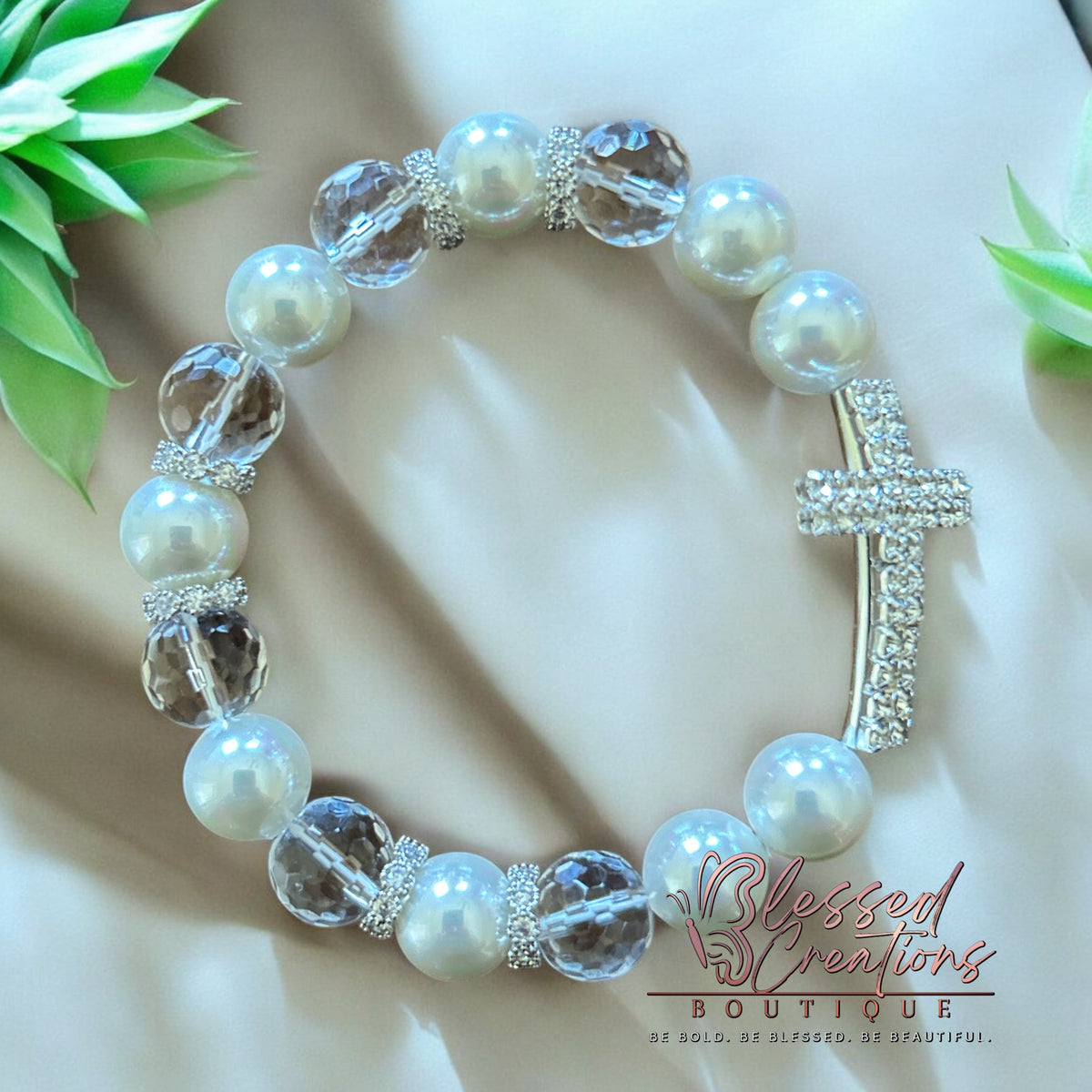 Silver rhinestone cross bracelet