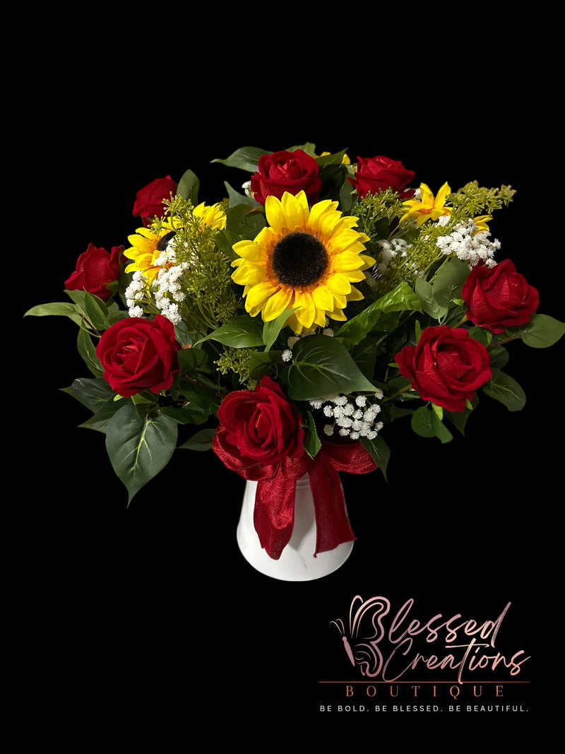 Sunflower and rose floral arrangement