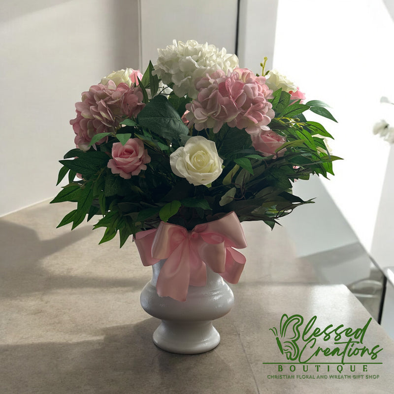 Pink and white silk floral arrangement