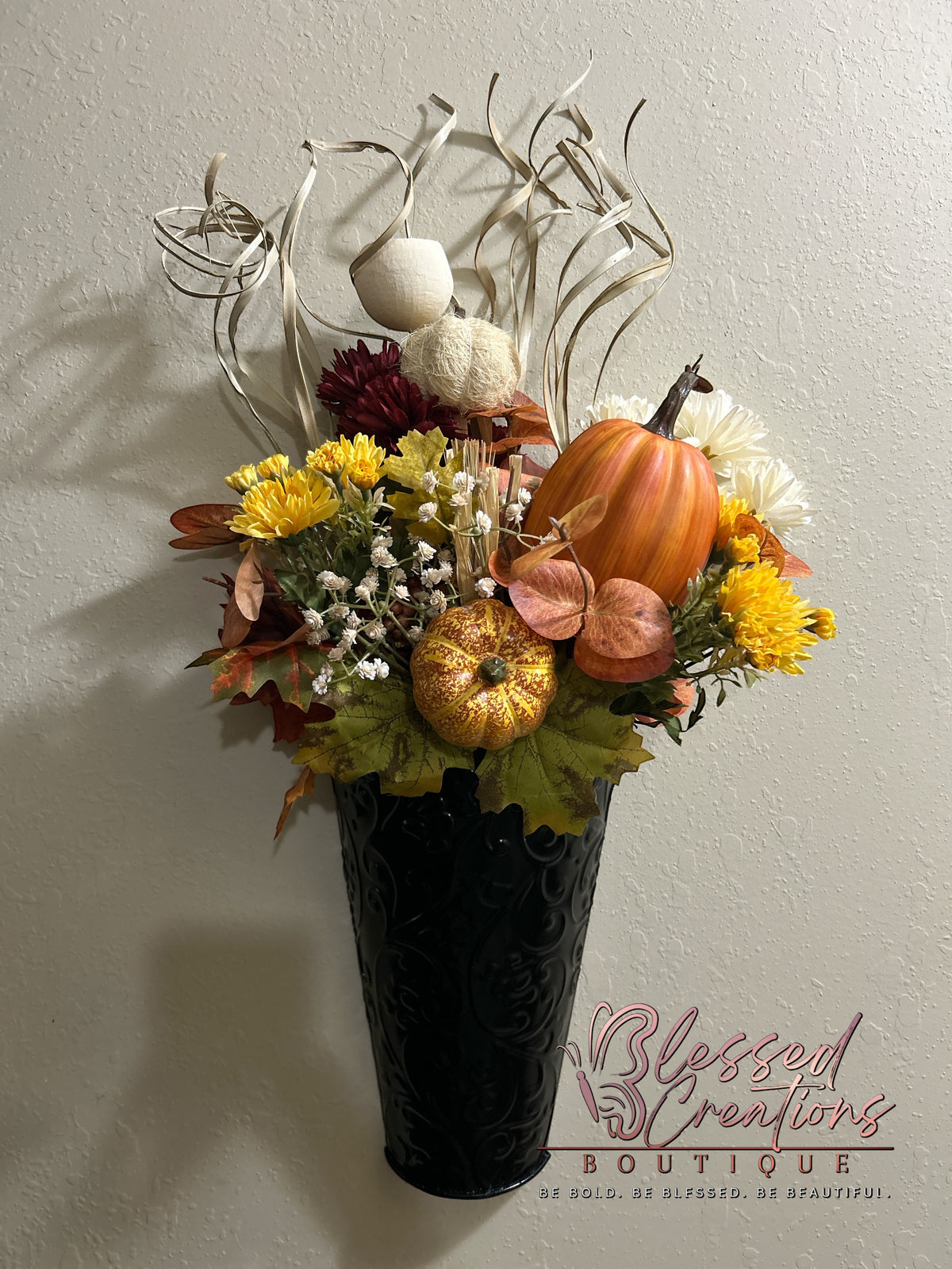 Fall pumpkin silk floral wall design