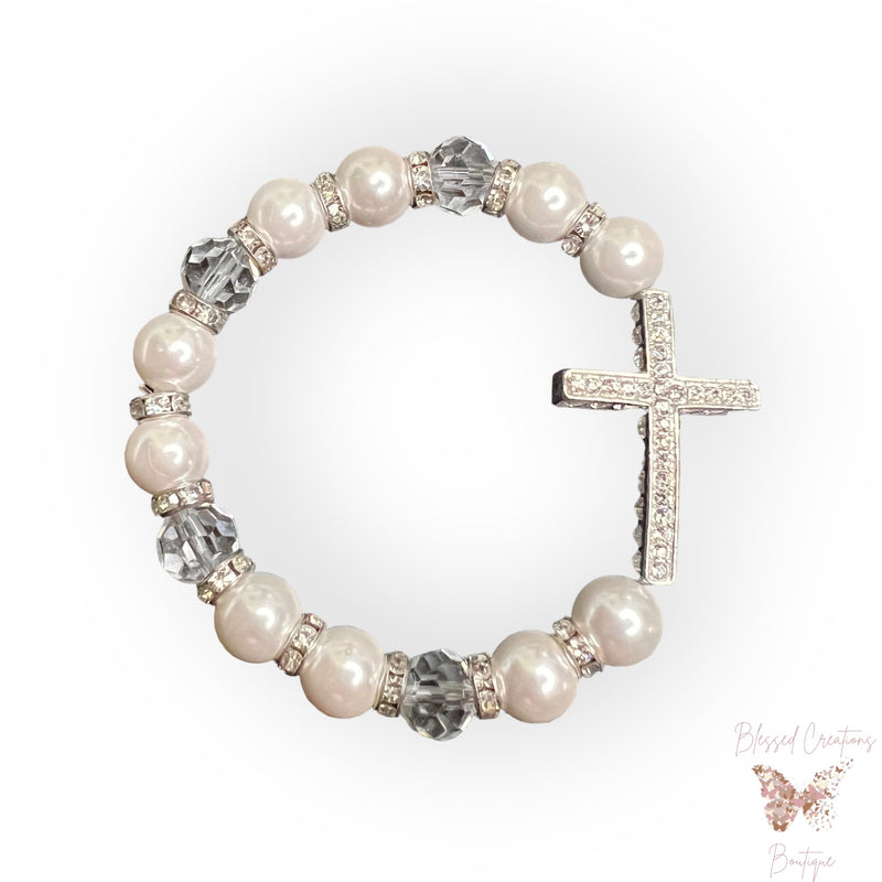 Silver rhinestone cross bracelet