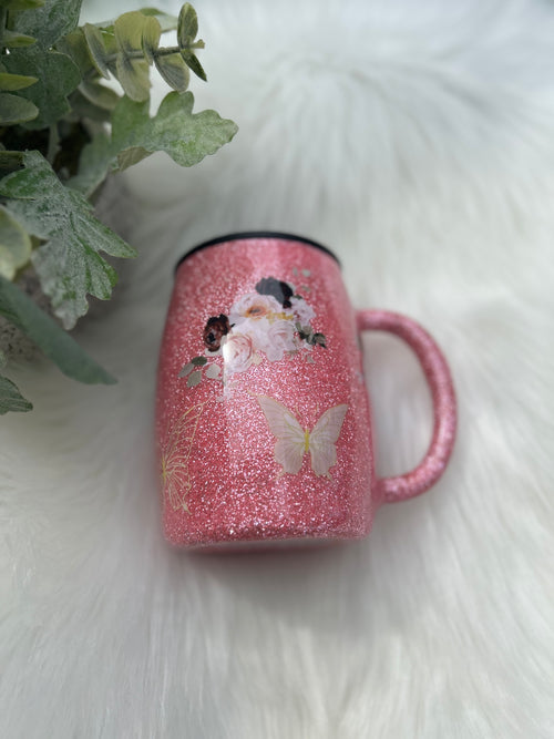 Butterflies/floral glitter coffee mug